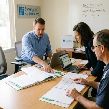 Consultant reviewing ISO 14001 EMS documents with an operations team