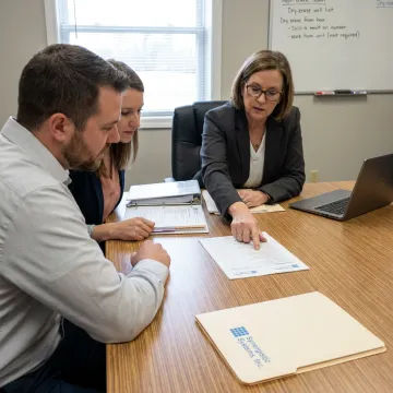 Consultant reviewing ISO 45001 safety documents with operations team