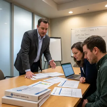 ISO consultants reviewing energy management documents