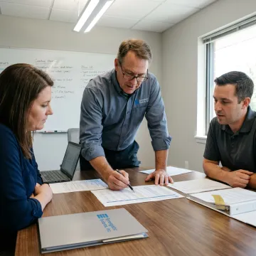 Consultant reviewing ISO 9001 measurement records