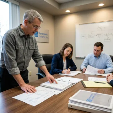 ISO consultant reviewing audit documents with a quality team