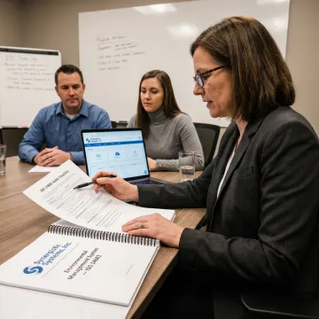 ISO consultant reviewing environmental management documents