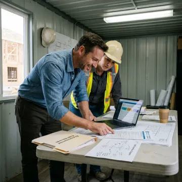 Consultant reviewing environmental management process with construction team