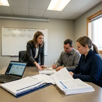 Consultant reviewing ISO safety management documents with operations team