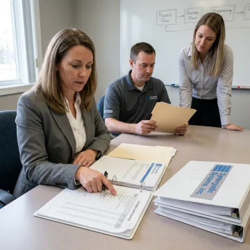 ISO consultant reviewing audit records with a manufacturing team
