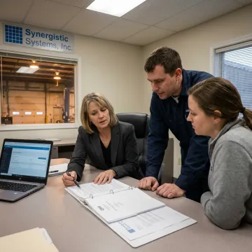 ISO consultant reviewing manufacturing quality documents