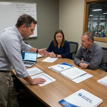 ISO consultant reviewing safety documents with operations team