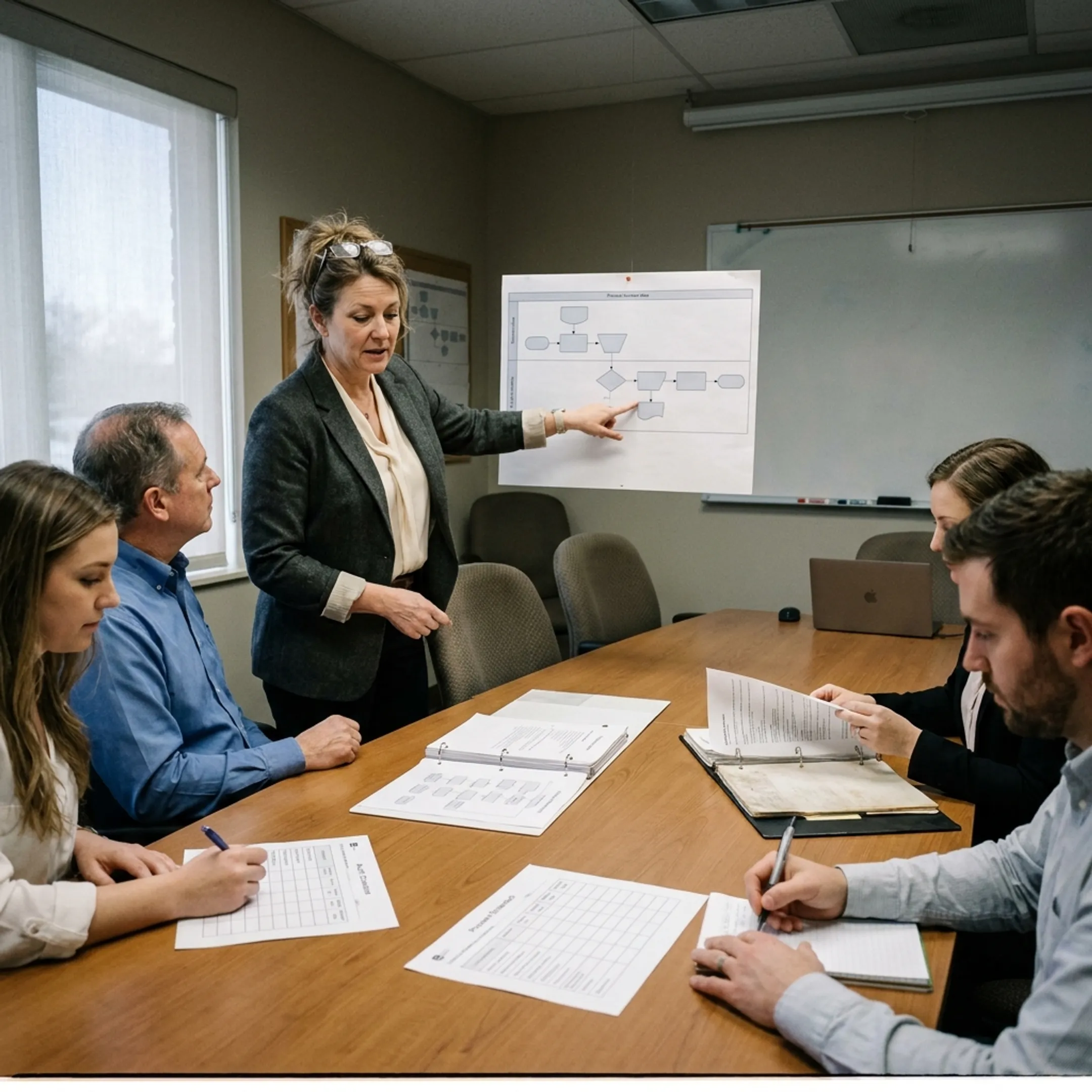 ISO 9001 lead auditor reviewing quality management documents during training