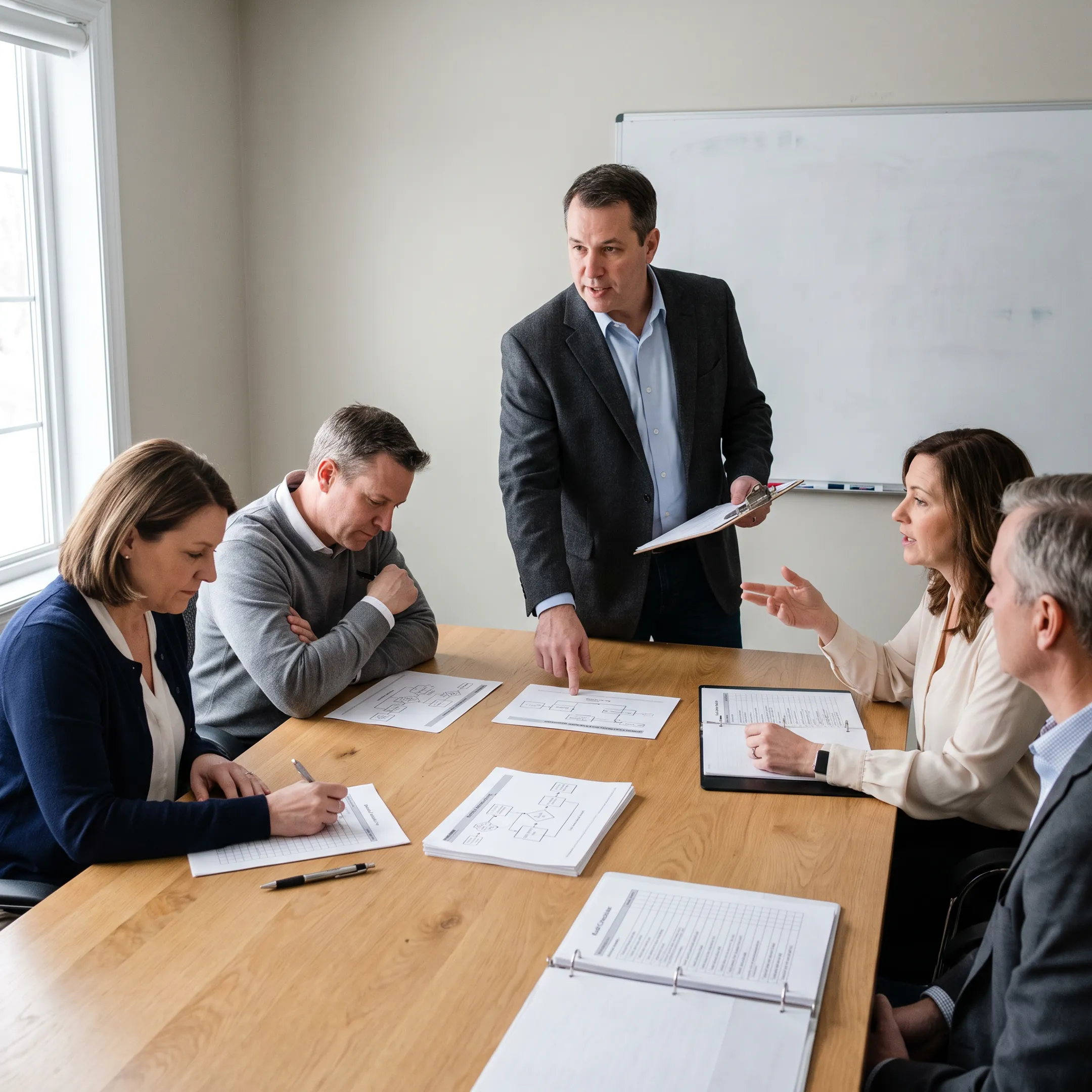 Instructor leading ISO 9001 internal auditor training with business professionals reviewing quality documents