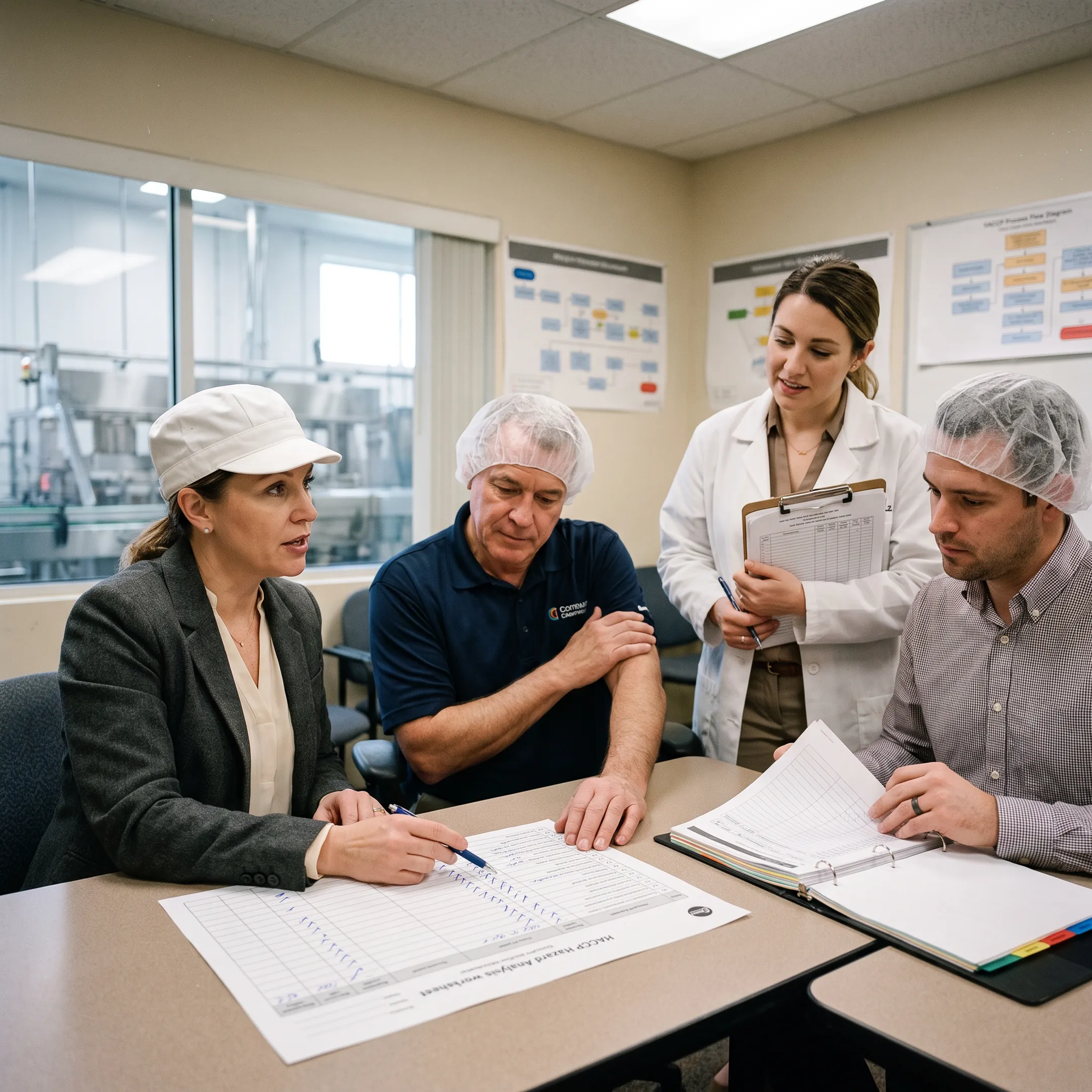 Food safety consultant explaining HACCP controls and ISO quality procedures to a team