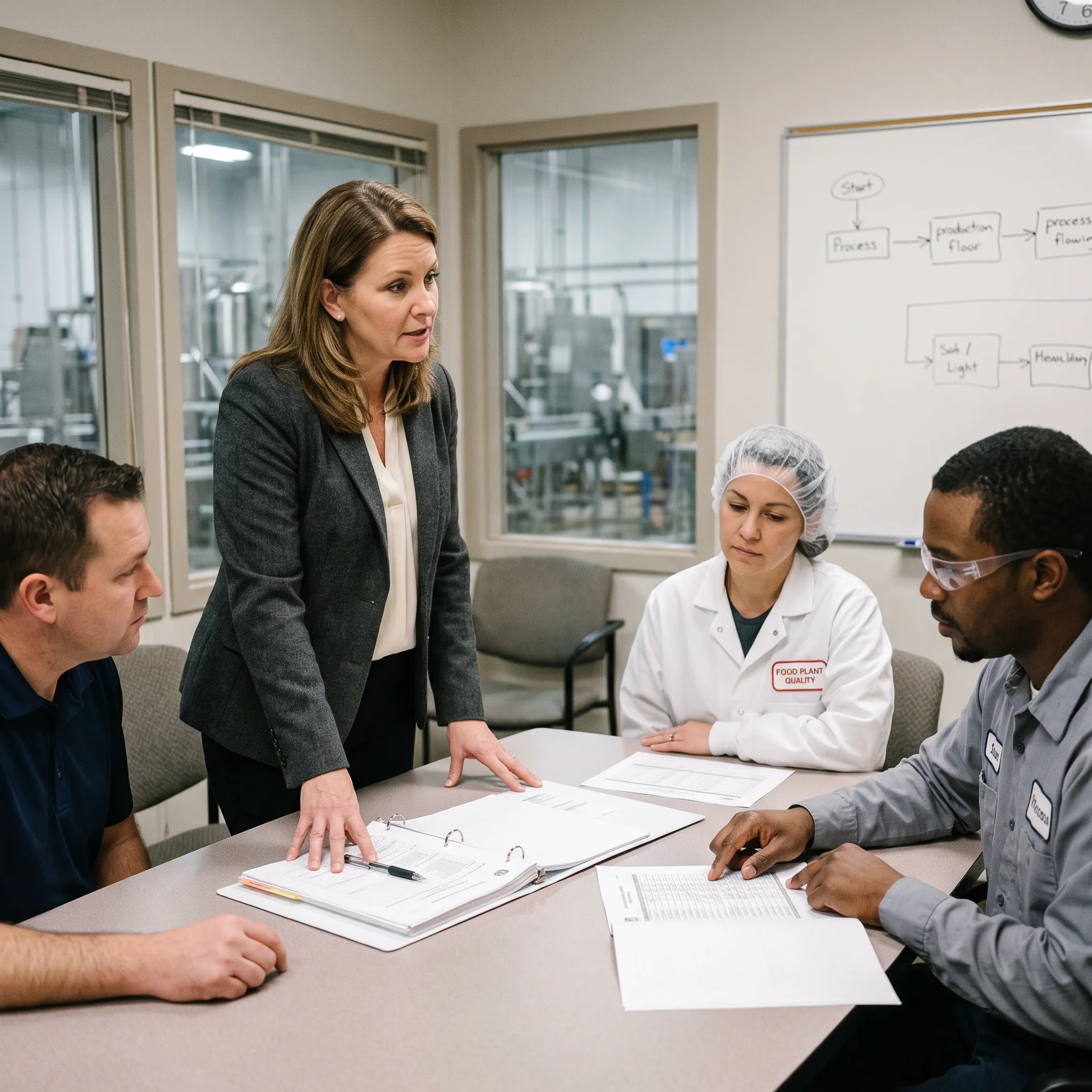 Consultant reviewing ISO quality and HACCP food safety documents with a manufacturing team