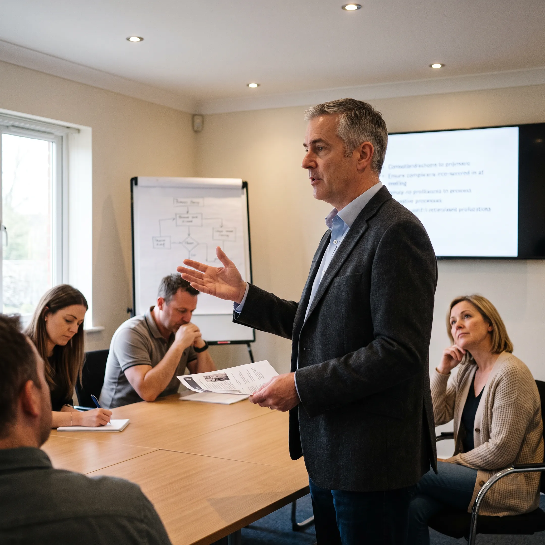 Instructor explaining ISO 9001:2026 requirements to quality management professionals