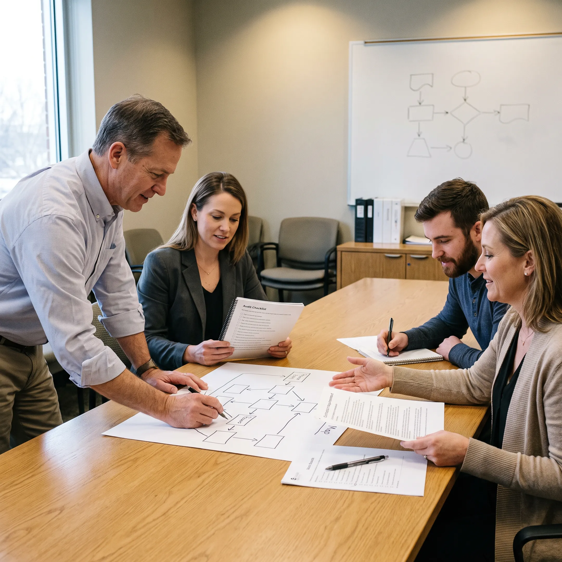 Professional ISO 9001 lead auditor training session with quality documents and audit discussion