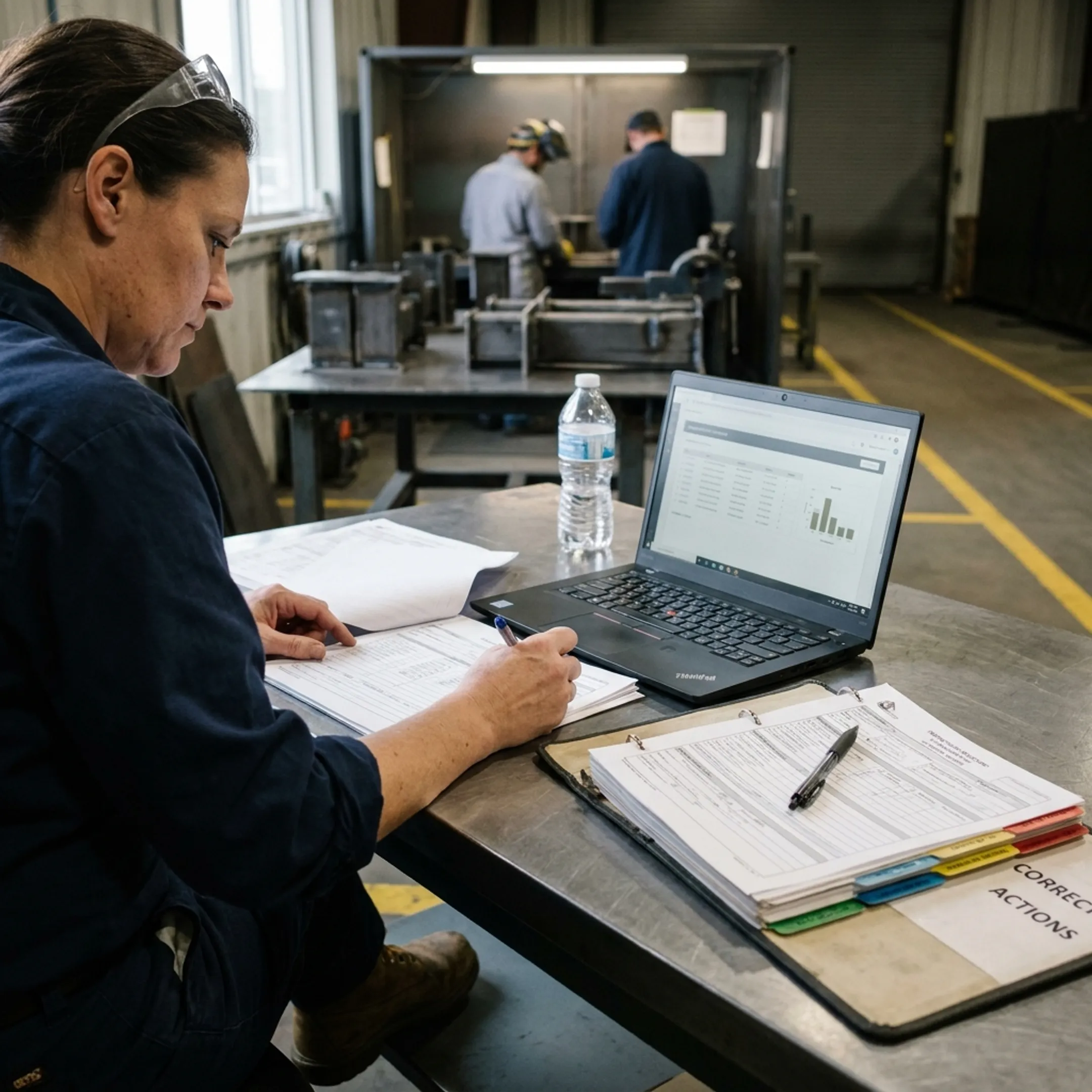Quality manager reviewing fabrication process records and ISO documentation