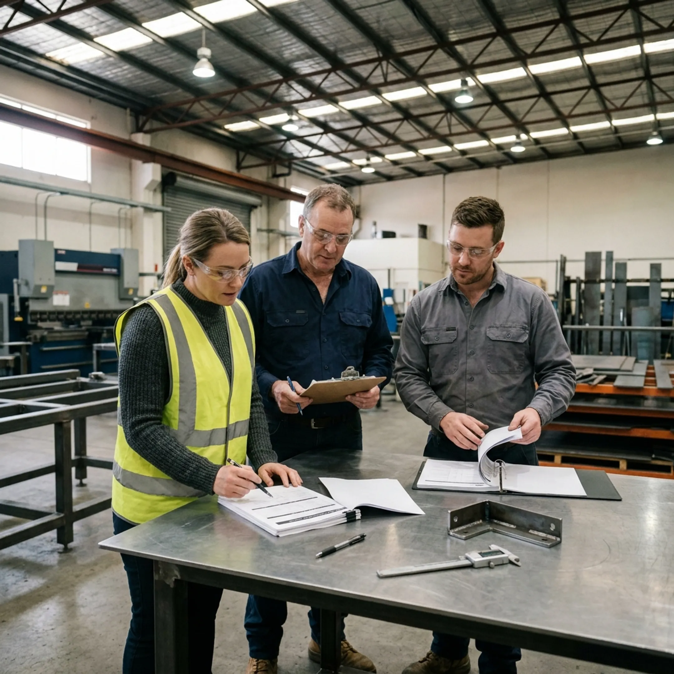 Metal fabrication team reviewing ISO 9001 quality documentation on a shop floor