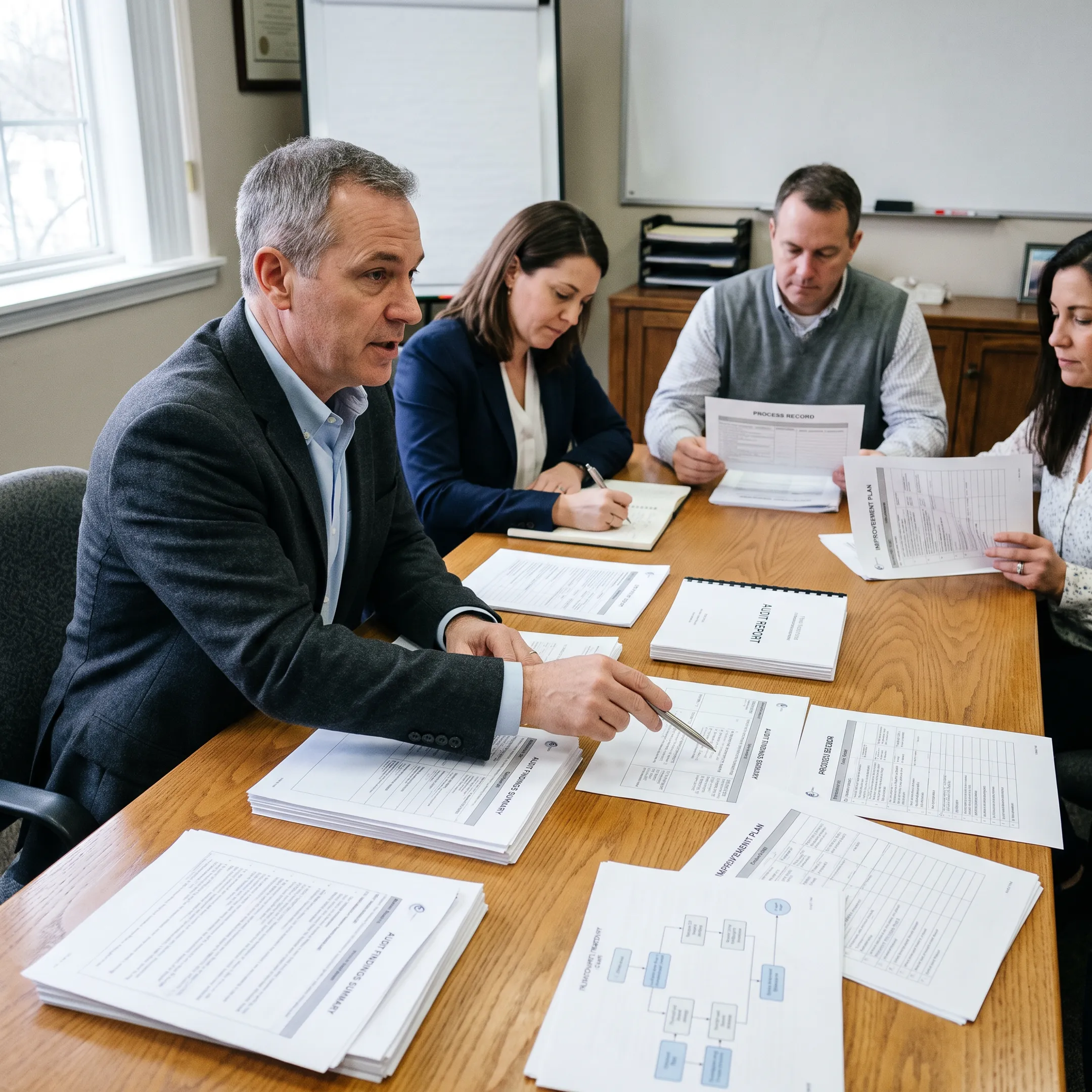 Consultant reviewing ISO 9001 quality management records with a client team