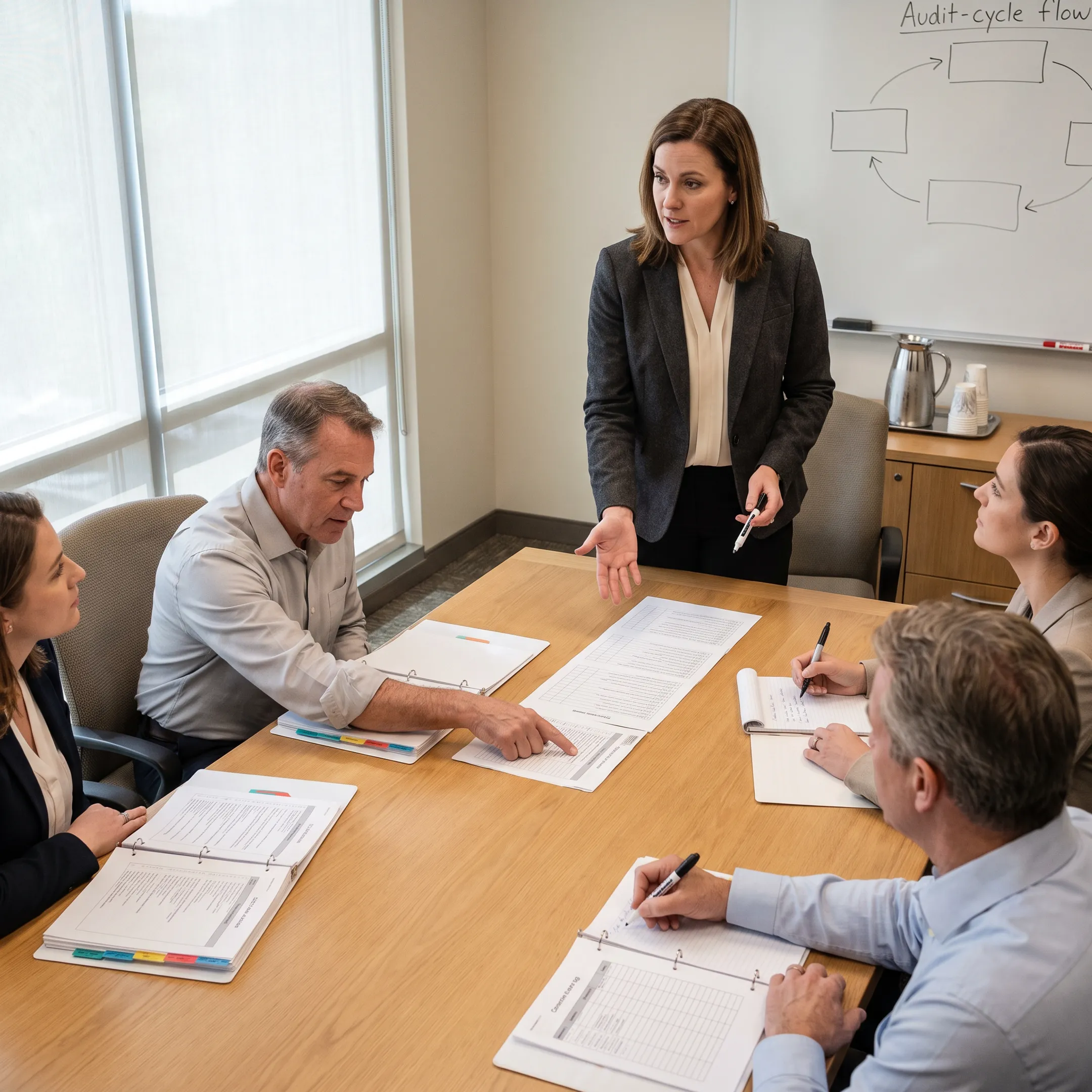 ISO auditor leading a management system training session with business professionals