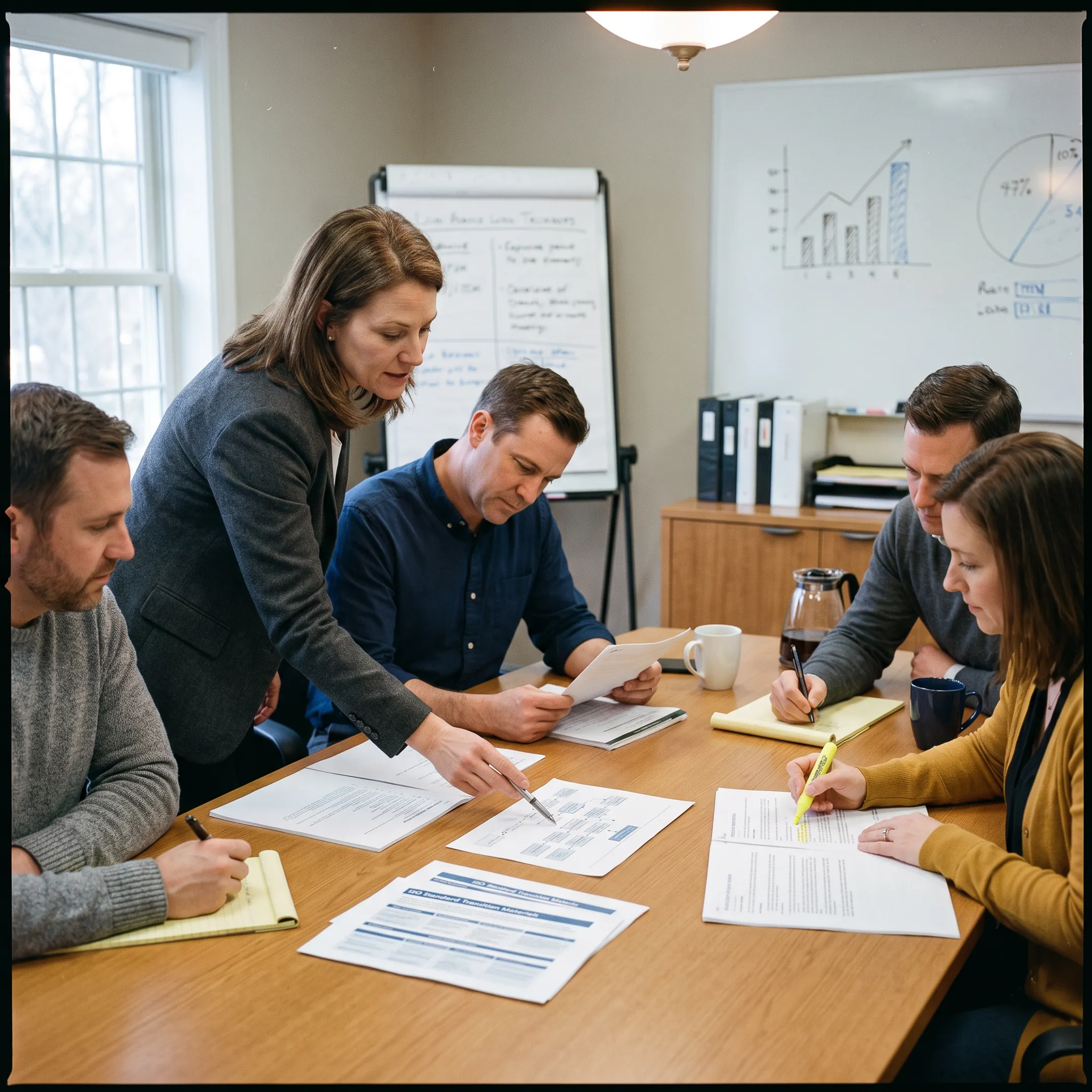 ISO quality team reviewing transition training materials during a structured QMS workshop
