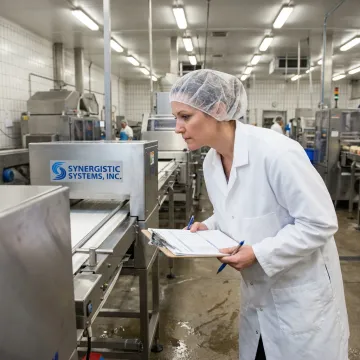 A food safety inspector reviewing documents in a modern food processing facility.