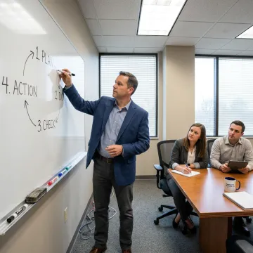 A consultant explaining the ISO 9001 implementation process on a whiteboard.