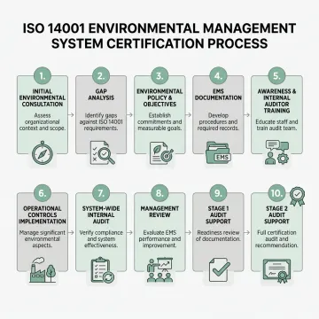A flowchart illustrating the key steps in the ISO 14001 certification process.