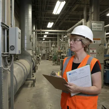 An auditor in a hard hat reviewing an environmental compliance checklist at an industrial facility.