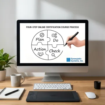 A flowchart illustrating the 4-step process for the online ISO 45001 training.