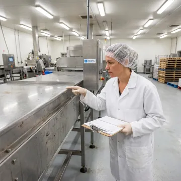 A food safety inspector reviewing production line compliance in a modern food processing facility.