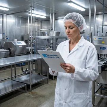 A food safety inspector reviewing documents in a modern food processing facility.
