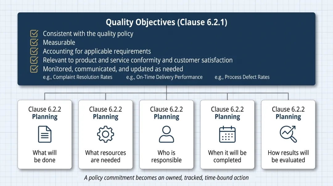 ISO 9001 Clause 6.2 quality objectives criteria and planning requirements breakdown