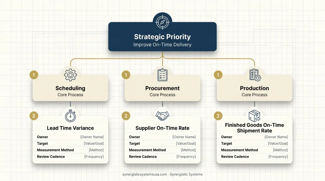 Cascading quality objectives process from strategic goals to measurable process metrics
