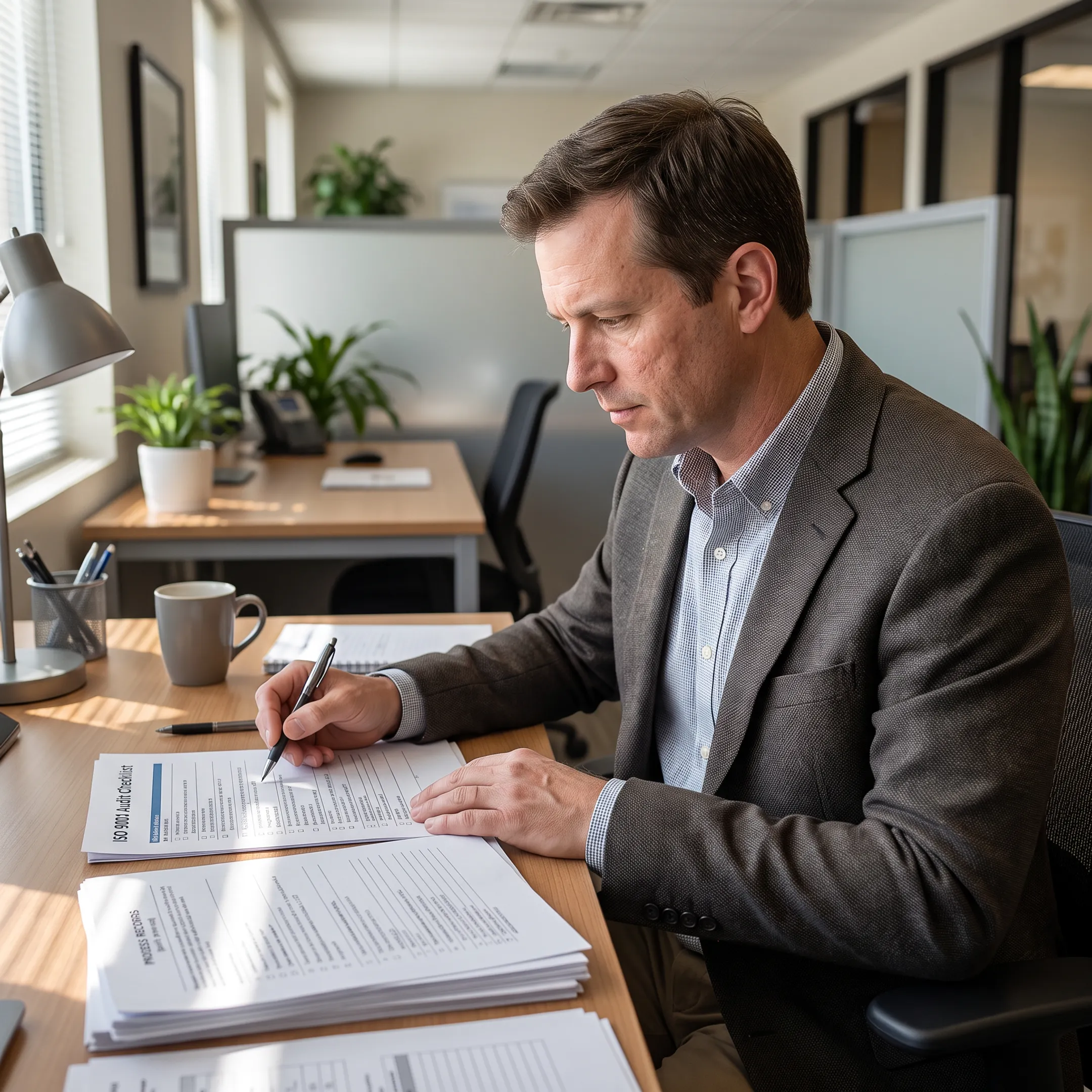 Quality professional reviewing an ISO 9001 audit checklist during internal auditor training