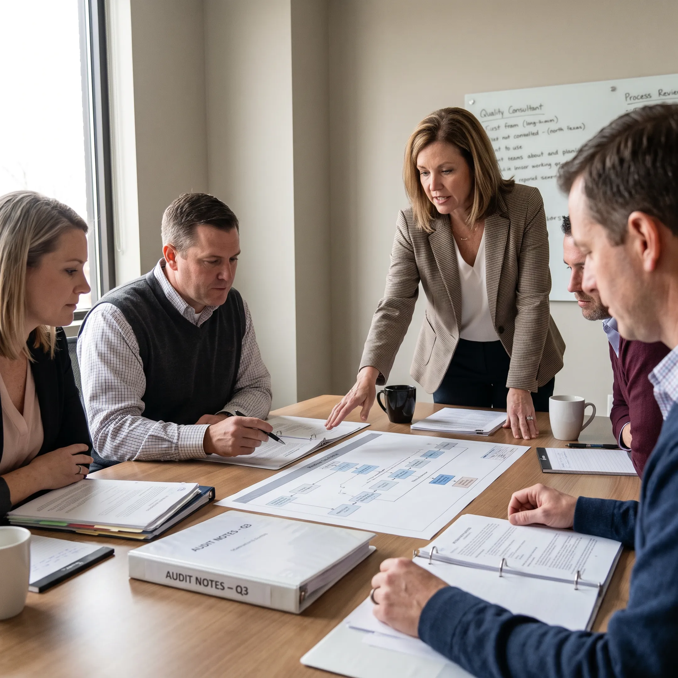Consultant reviewing quality management documents with an operations team