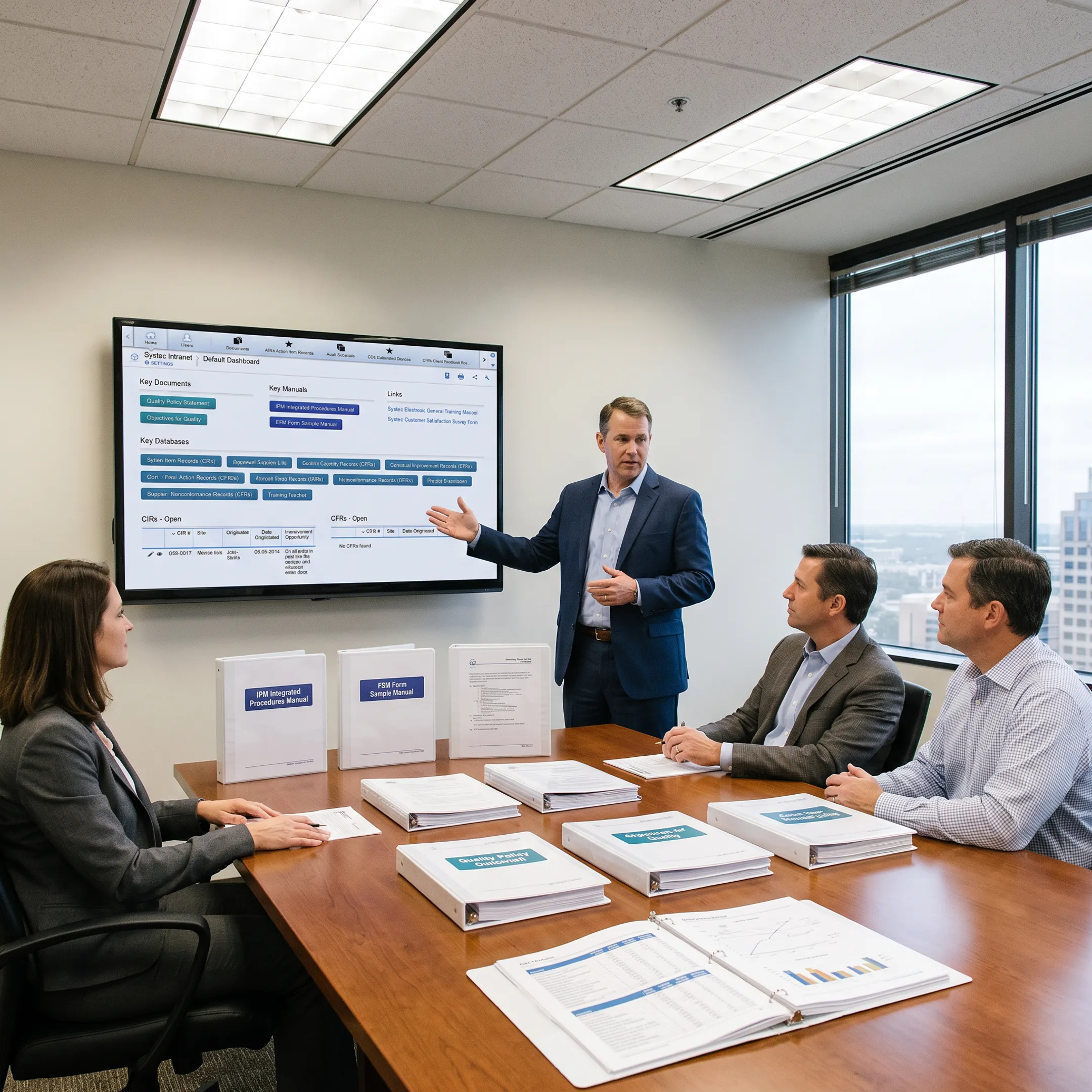 Quality consultant presenting a documented management system to a business team