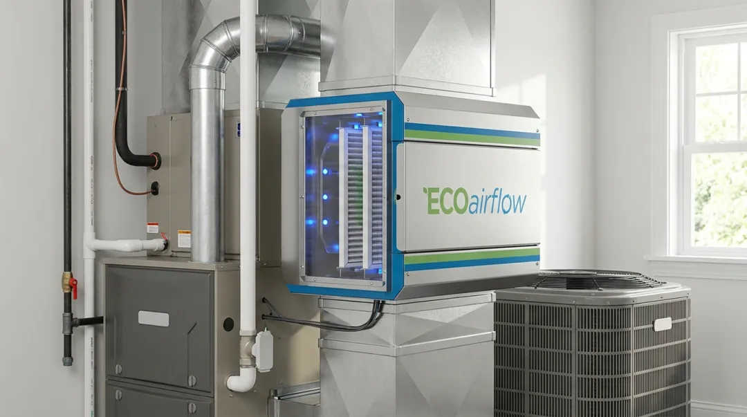 ECOairflow HVAC-integrated electronic air filtration system installed in residential ductwork