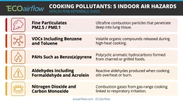 Five cooking pollutant categories released during kitchen smoke including PM2.5 VOCs and PAHs