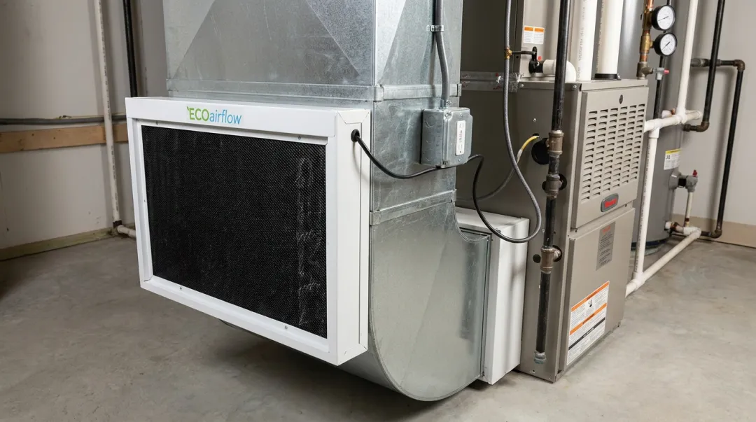 ECOairflow active electronic air filter installation in residential HVAC furnace housing
