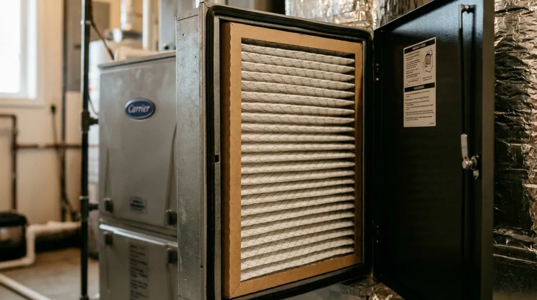 Premium 5-inch pleated MERV 16 furnace filter in residential HVAC cabinet