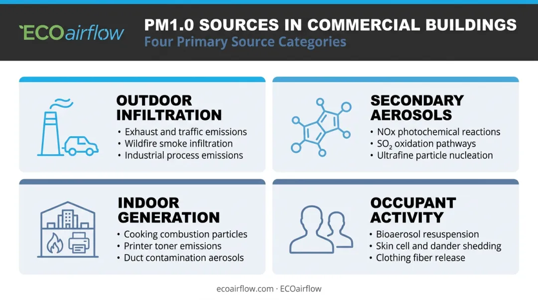 PM1.0 particle sources in commercial buildings four-category breakdown infographic