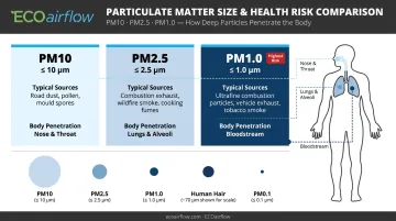 PM10 PM2.5 PM1.0 particle size health penetration comparison infographic