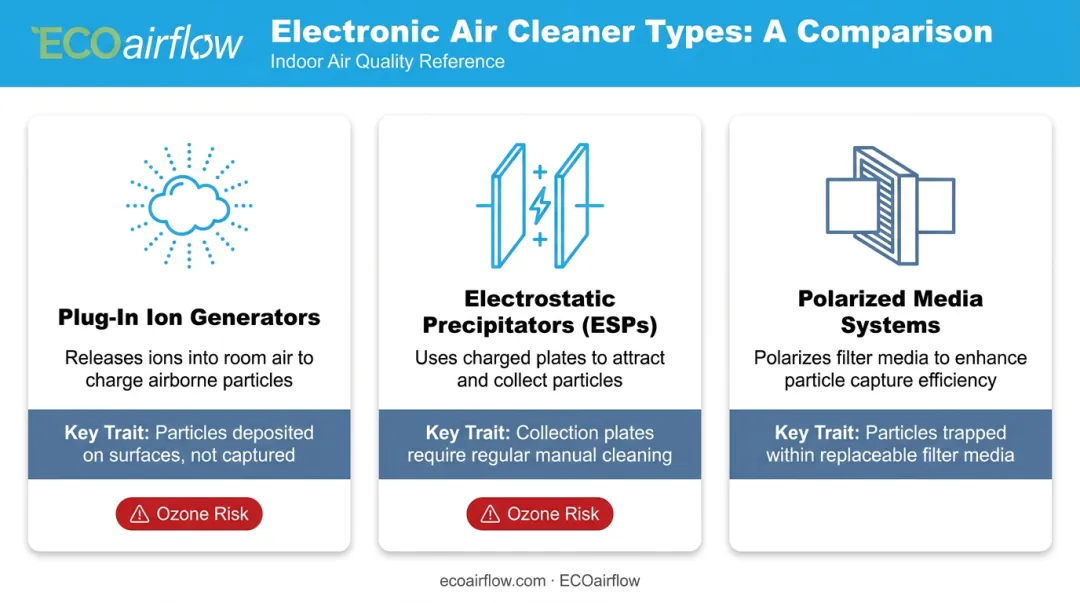 Three types of electronic air cleaners compared plug-in ionizer ESP and polarized media