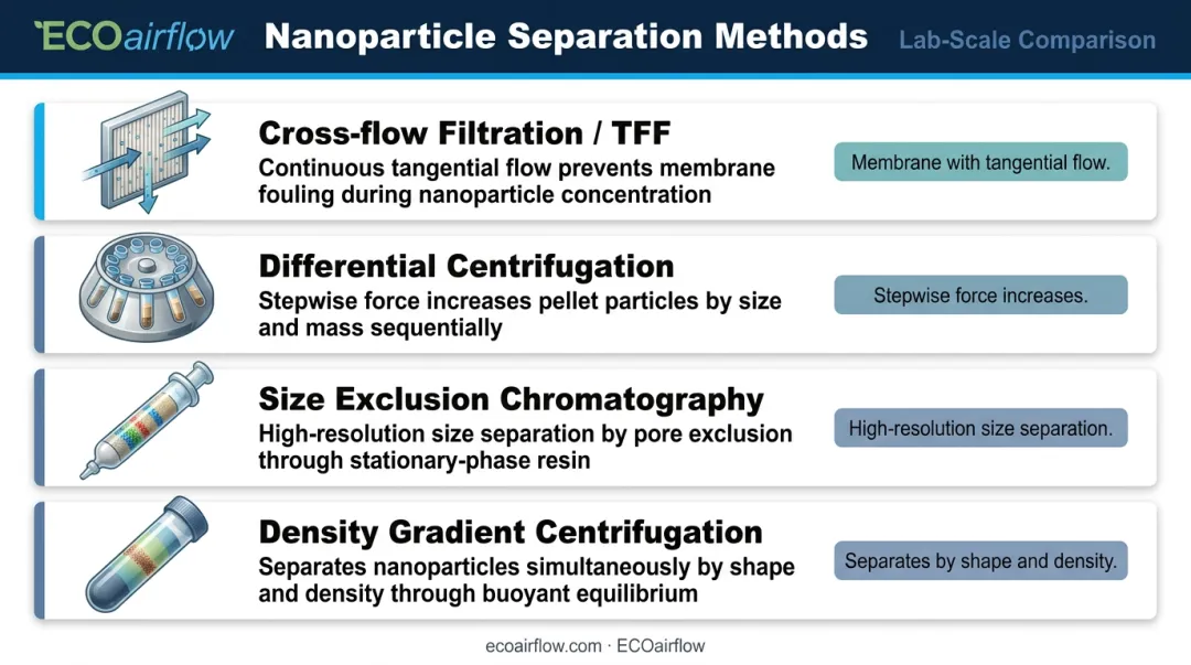 Four lab-scale nanoparticle separation methods process flow comparison infographic