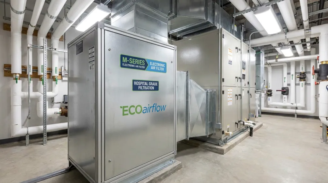 ECOairflow M-Series electronic air filter system installed in commercial HVAC unit