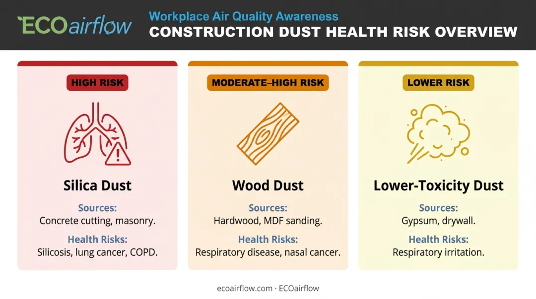 Three construction dust types health risks comparison chart silica wood gypsum