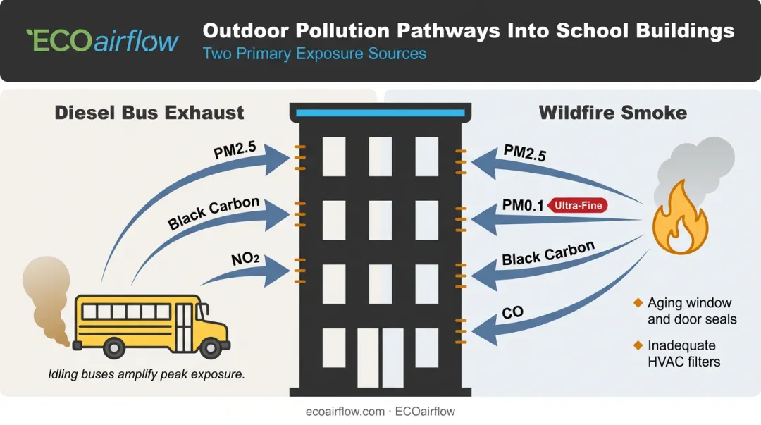 Two outdoor pollution sources entering school buildings diesel exhaust and wildfire smoke