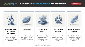Five types of pet-generated air contaminants affecting HVAC filters infographic