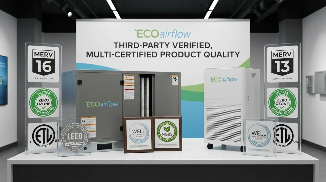 ECOairflow air filtration product certification badges and compliance documentation display