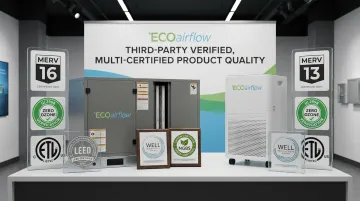 ECOairflow air filtration product certification badges and compliance documentation display