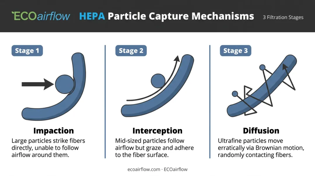 Three HEPA filtration mechanisms impaction interception and diffusion particle capture diagram