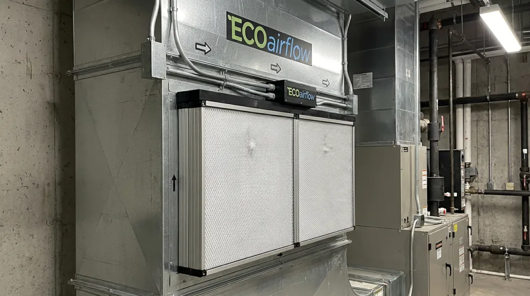 ECOairflow HVAC-integrated electronic air filtration system installed in ductwork